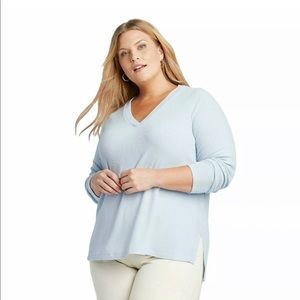 Long Sleeve Rip VNeck Top Ava & Viv Light Blue 3XL